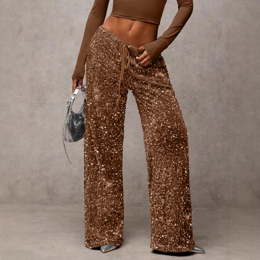 Damen Pailletten-Palazzohose mit hohem Bund und Kordelzug Drune