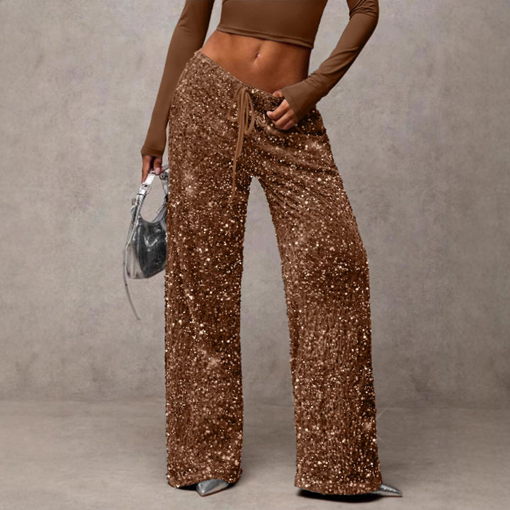 Damen Pailletten-Palazzohose mit hohem Bund und Kordelzug Drune