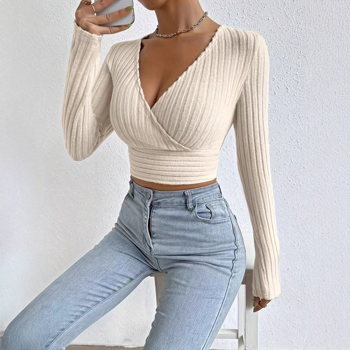 Damen Cropped Pullover mit V-Ausschnitt und raffiniertem Rippendesign Drune