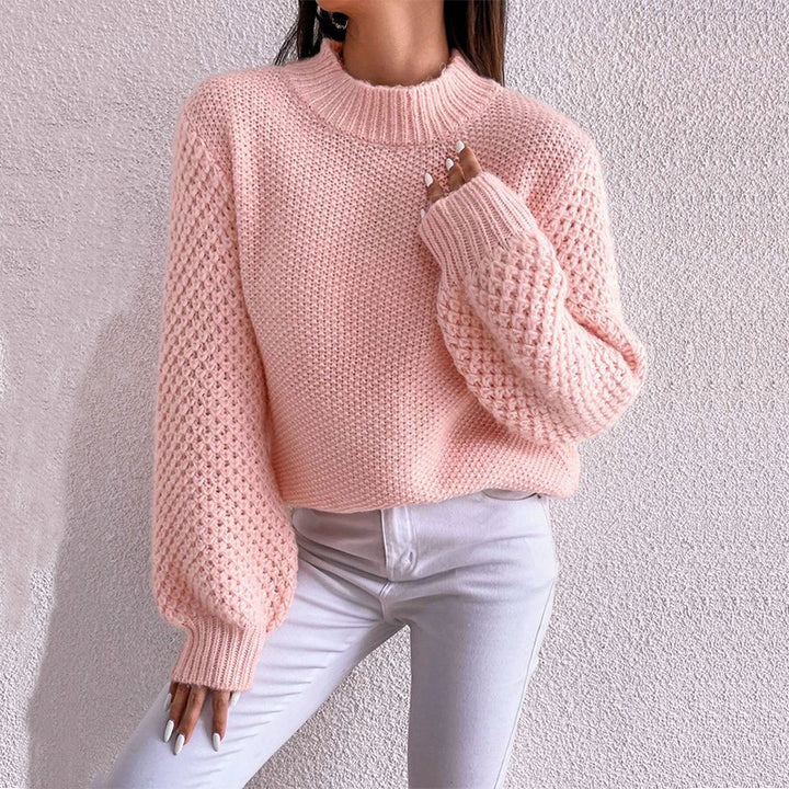 Damen Kurzgeschnitteter Grobstrick-Pullover mit Voluminösen Netzstruktur-Ärmeln und Stehkragen Drune