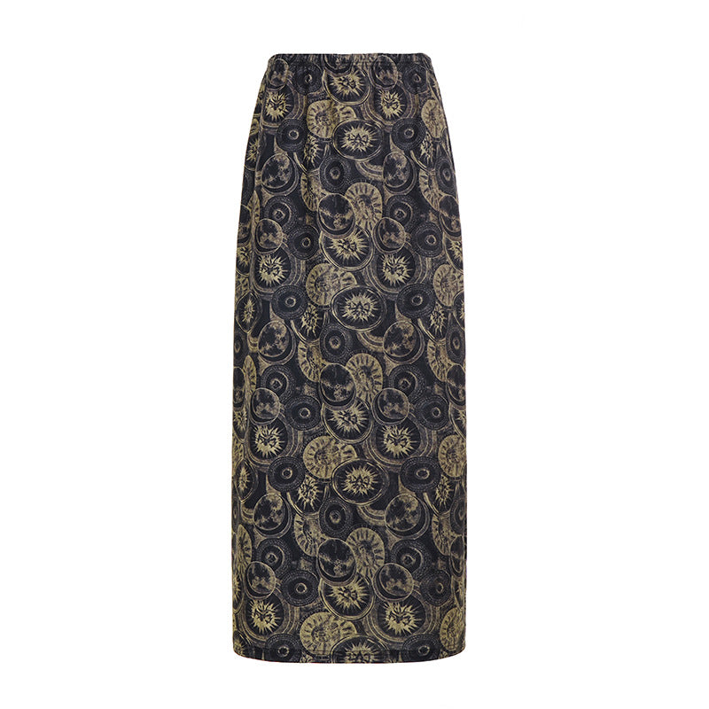 Damen Midi-Rock mit kunstvollem Druck und elastischem Bund Drune