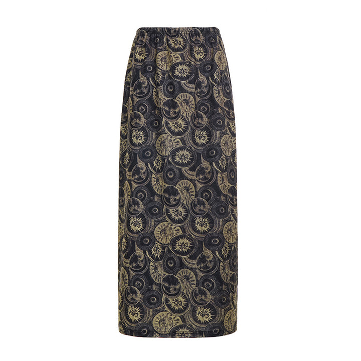 Damen Midi-Rock mit kunstvollem Druck und elastischem Bund Drune