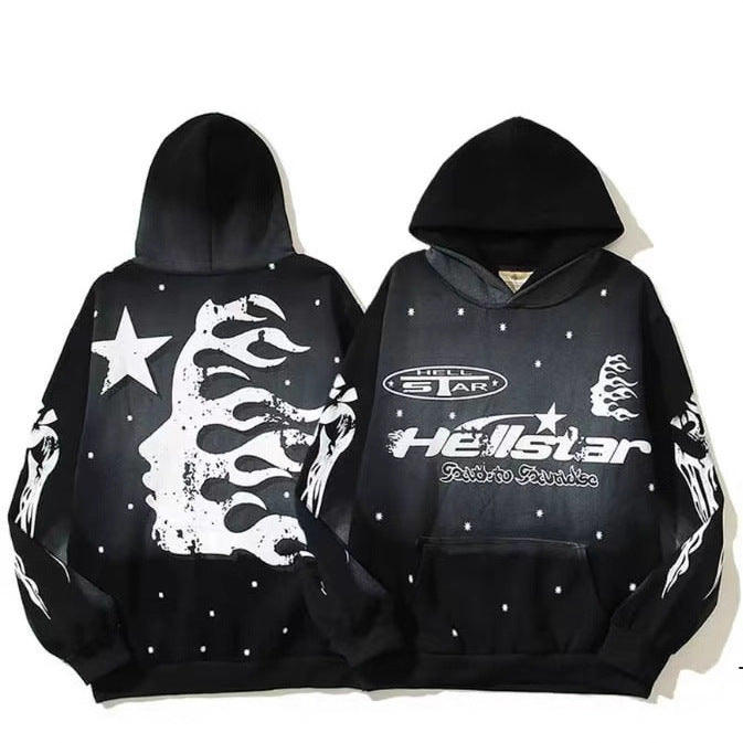 Unisex nan Oversize Kapuzenpullover mit großflächigem Flame- und Sternprint sowie Kängurutasche Drune
