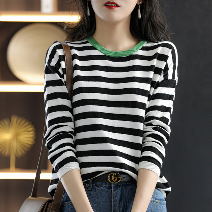 Damen Maritim-inspiriertes gestreiftes Feinstrick-Shirt mit weitem Boot-Ausschnitt und Kontrastkante Drune