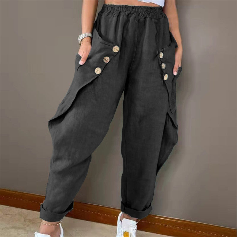 Damen lässige Sommerhose mit Knopfdetails und praktischen Seitentaschen Drune