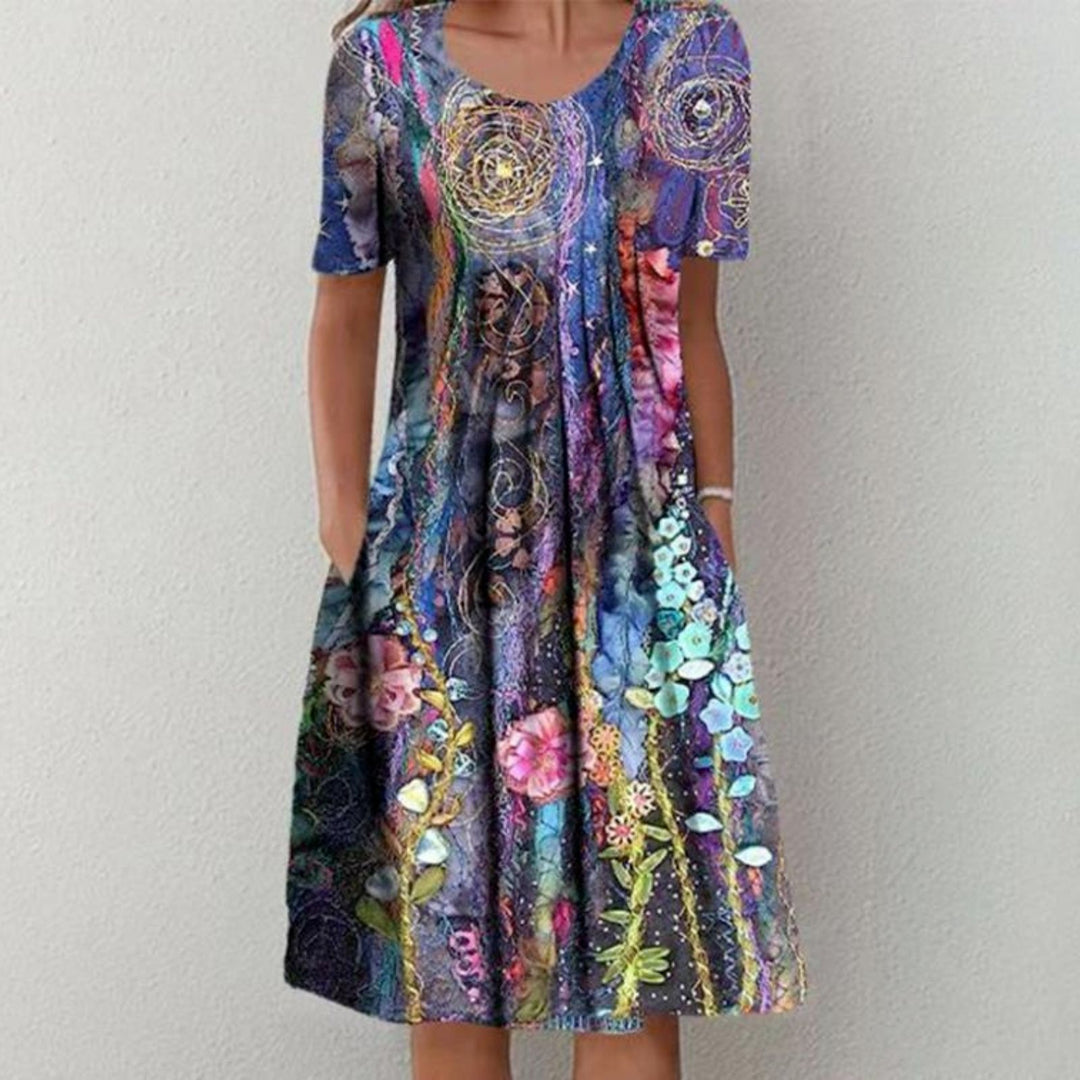 Damen Plissee Midi Kleid mit kurzen Ärmeln, seitlichen Taschen und floralem Saum Drune