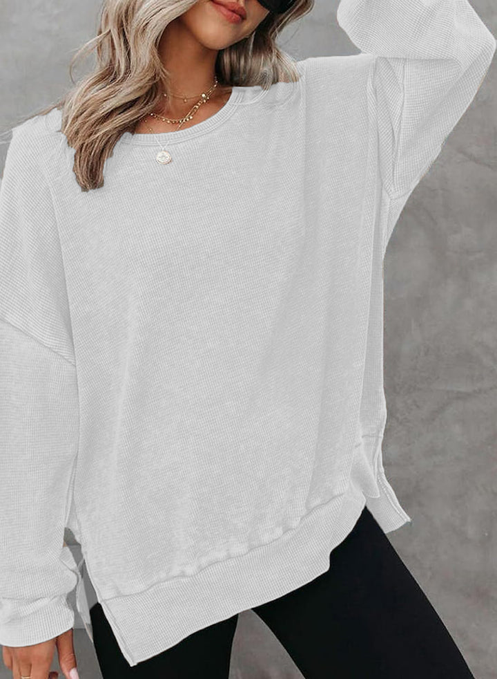 Damen Lässiger Waffelpullover mit modernen Seitenschlitzen Drune