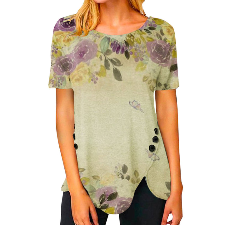 Damen lässiges T-Shirt mit dekorativem Floraldesign und asymmetrischem Saum Drune