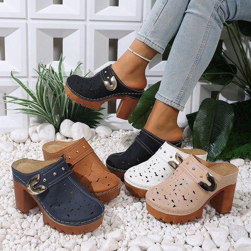 Damen modische Clogs mit perforiertem Design und elegantem Blockabsatz Drune