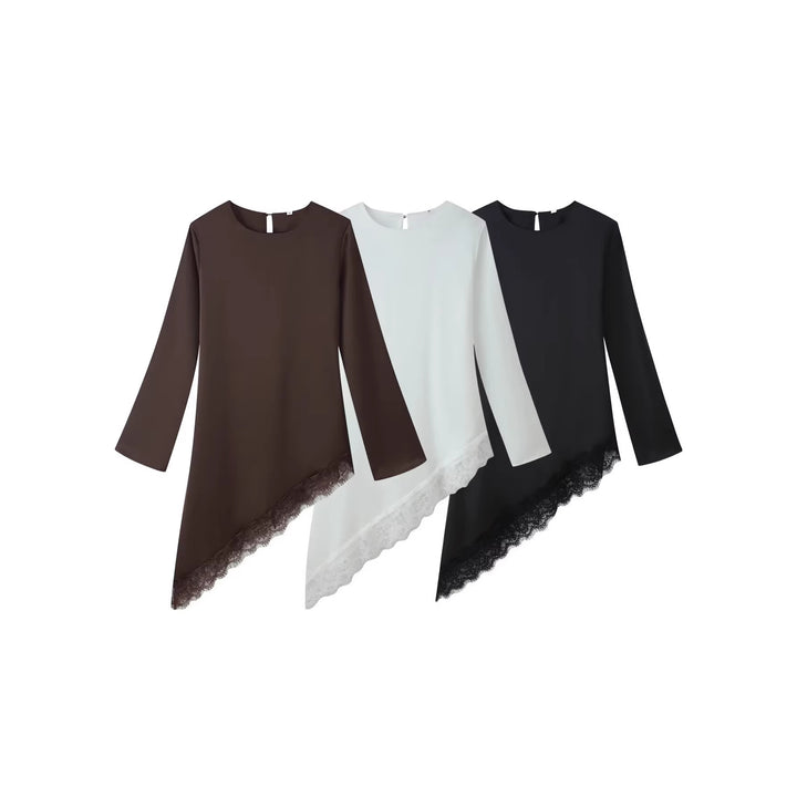 Damen Asymmetrische Langarm-Tunika mit Spitzenbesatz und schrägem Saum Drune