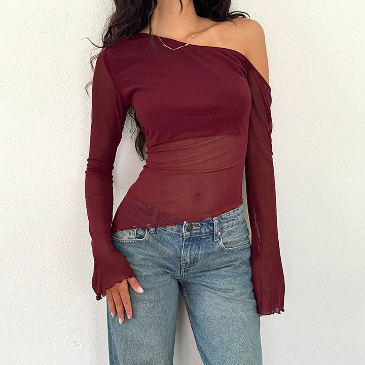 Damen asymmetrisches Langarmshirt mit transparenten Ärmeln und figurbetonter Silhouette Drune