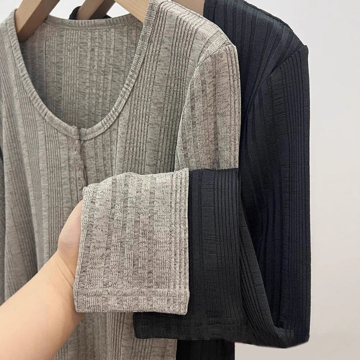 Damen figurbetonter Langarm-Pullover mit Knopfdetails Drune