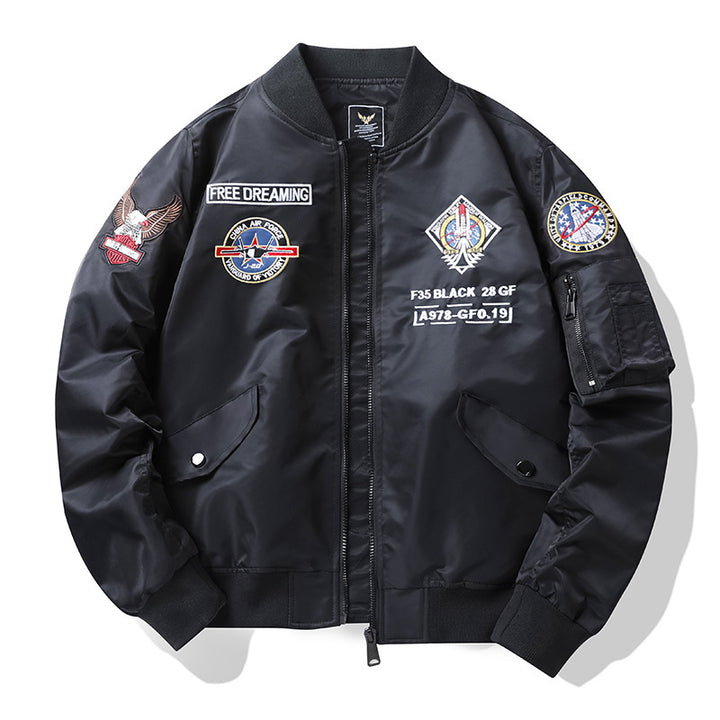 Herren Vintage-inspirierte Piloten-Bomberjacke mit Aufnäher-Details und Ärmeltasche Drune