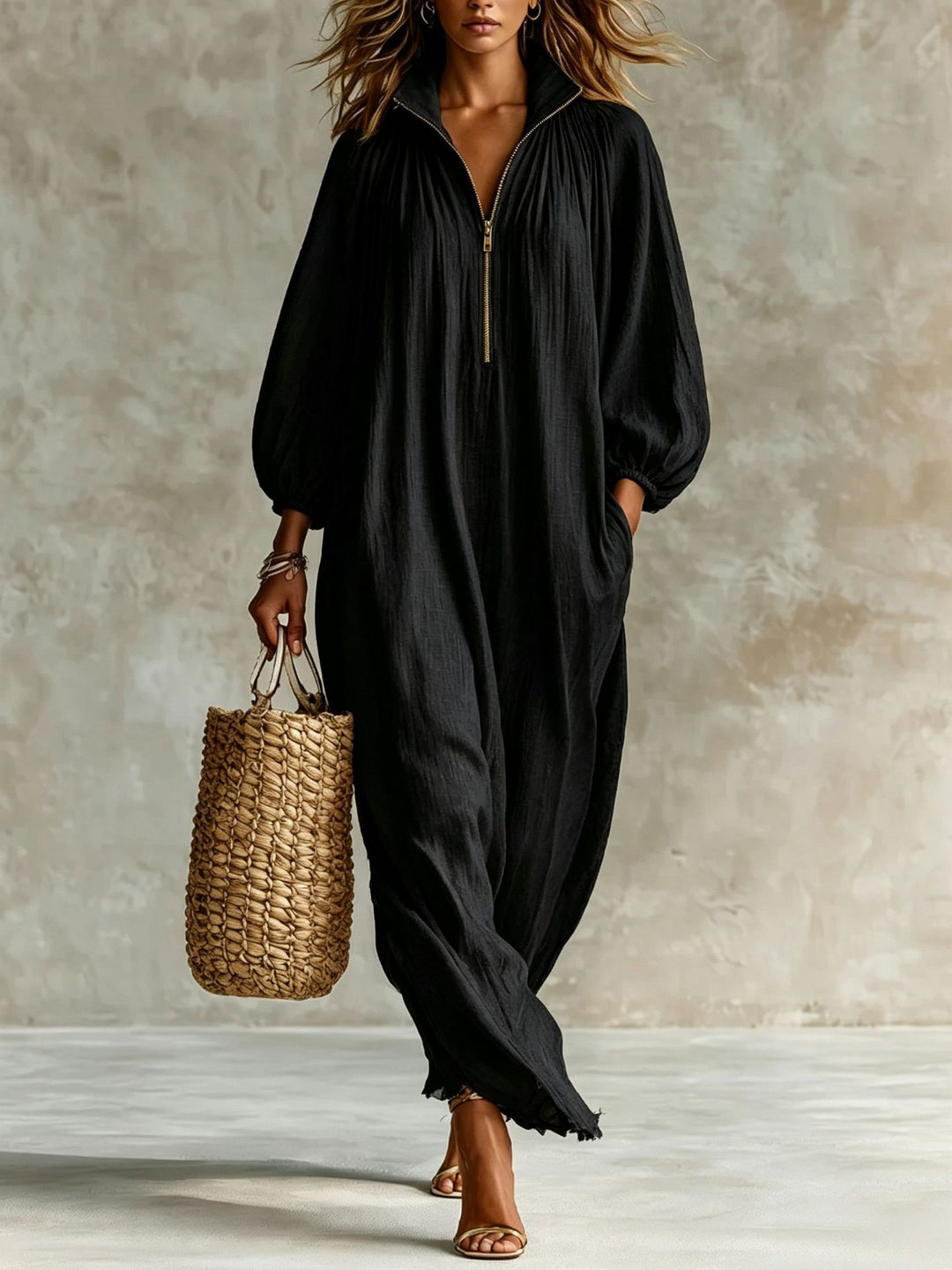 Damen Luftiger Maxi-Jumpsuit mit Ballonärmeln, halbhohem Reißverschluss und Eingrifftaschen Drune