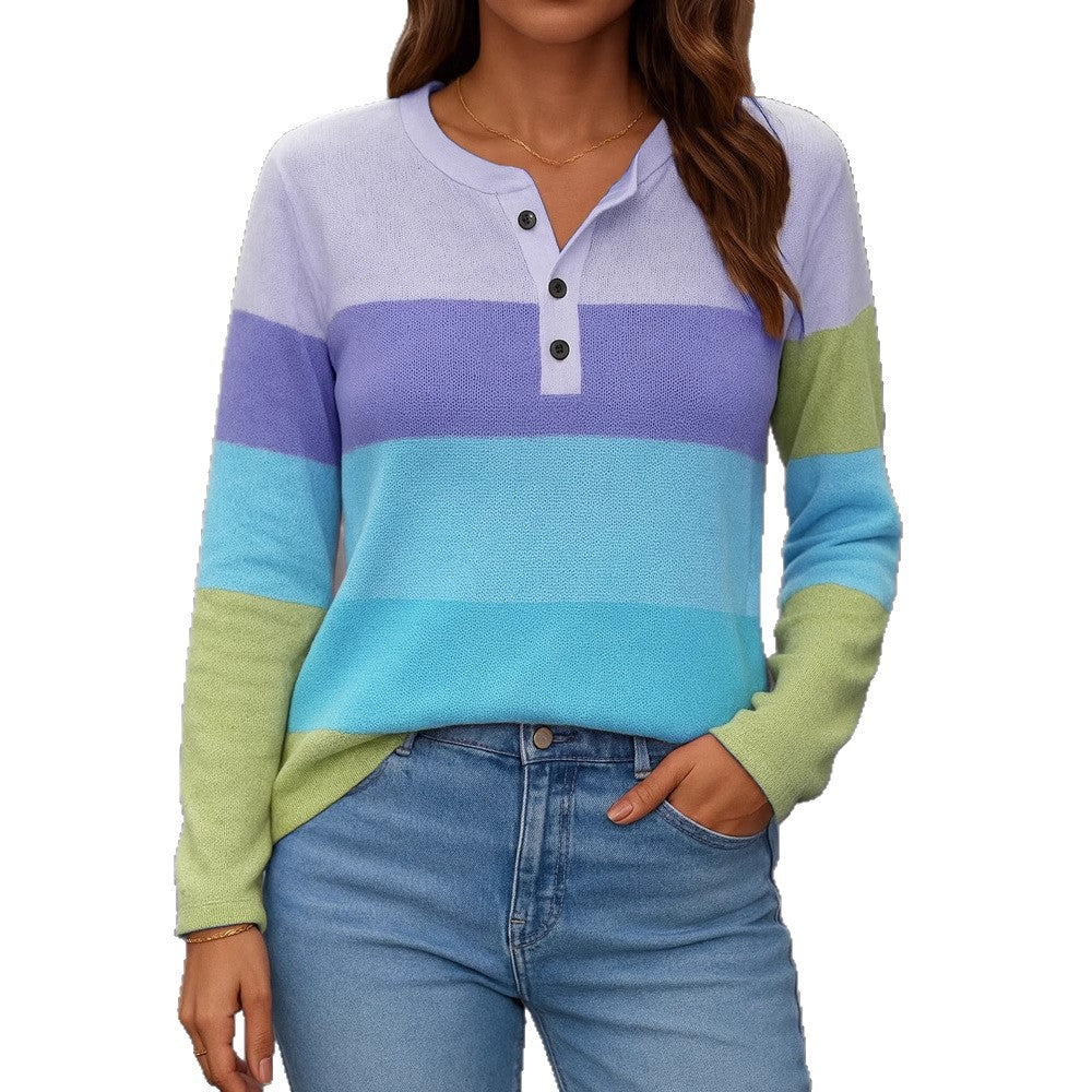 Damen Gestreifter Feinstrickpullover mit Henley-Knopfleiste Drune