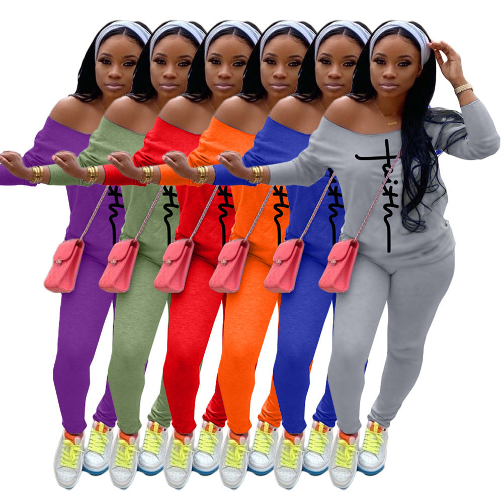 Damen Lässiges Off-Shoulder Zweiteiler-Set mit Figurbetonter Leggings und Oversize-Shirt Drune