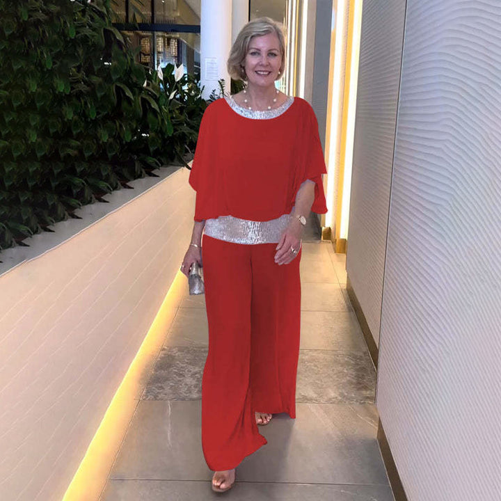 Damen Elegantes Zweiteiliges Abendensemble mit Chiffon-Cape, Paillettenbesatz und Palazzo-Hose Drune