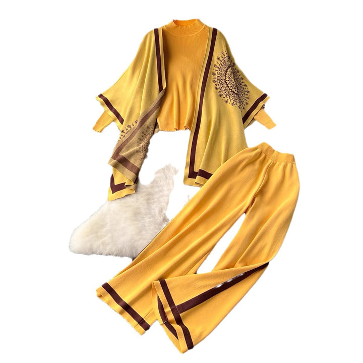 Damen lässiges Strickensemble mit langen Ärmeln und weitem Bein Drune