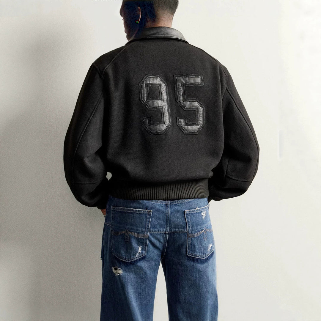 Herren Kurzblouson im Vintage-Bomberstil mit kontrastierendem Lederbesatz und Rippbündchen Drune