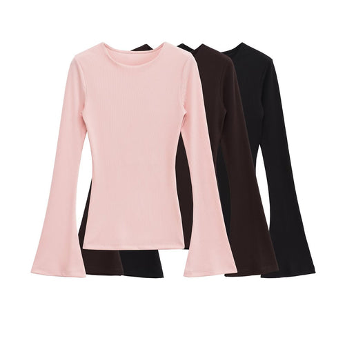 Damen Figurbetontes Rippshirt mit Carmenausschnitt und ausgestellten Schlagärmeln Drune
