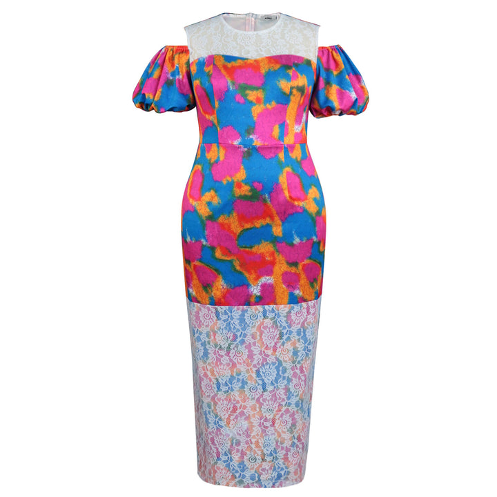 Damen Maxikleid mit voluminösen Puffärmeln und floralem Spitzenbesatz Drune