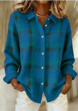 Damen Kariertes Strick-Hemdjacke-Cardigan mit Hemdkragen und gerippten Bündchen Drune