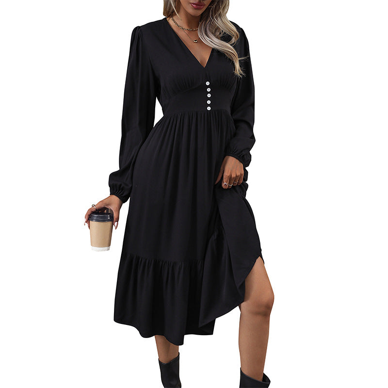 Damen V-Ausschnitt Midikleid mit hoher Taillennaht, langen Ballonärmeln und Volantstufe Drune