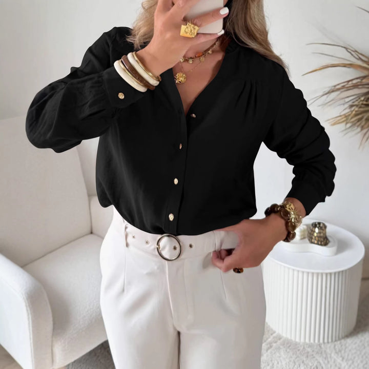 Damen Lockeres Blusenshirt mit V-Ausschnitt, Rüschensaum und goldenen Zierknöpfen Drune