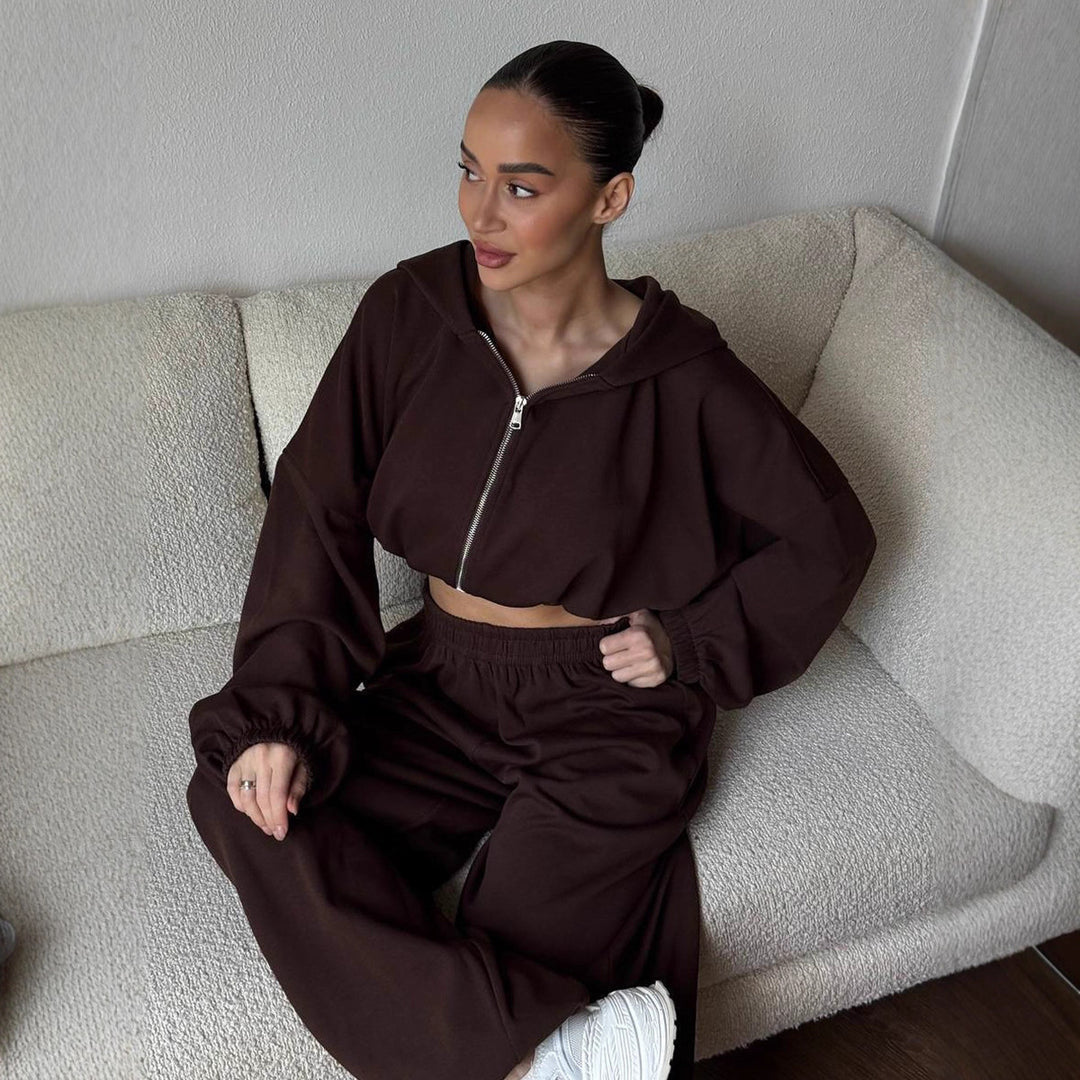 Damen Sportlicher Cropped-Trainingsanzug mit Reißverschluss Drune