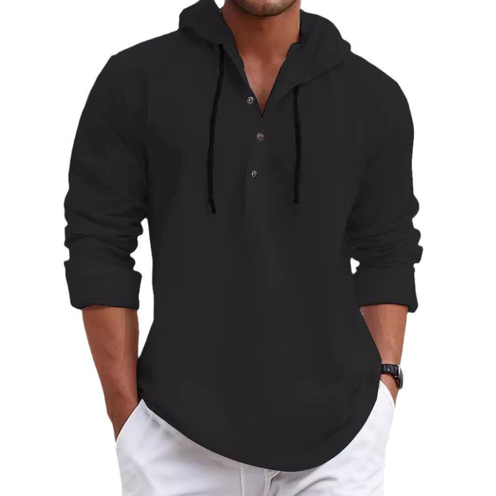 Herren nan sommerliches Hoodie-Henley mit verdeckter Knopfleiste, Kordelzug und gerundetem Saum Drune