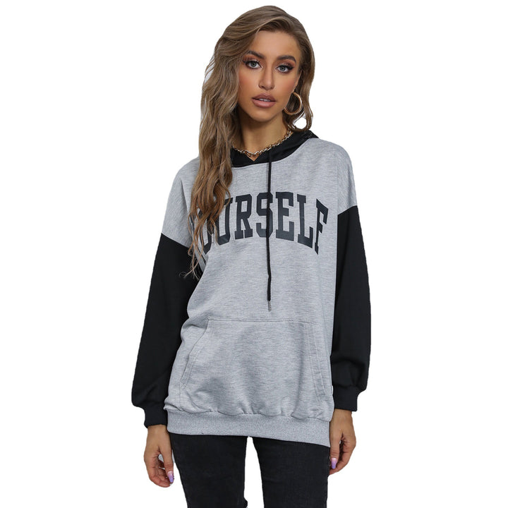 Damen Oversize-Kapuzenpullover mit College-Print, Kängurutasche und Kontrastärmeln Drune