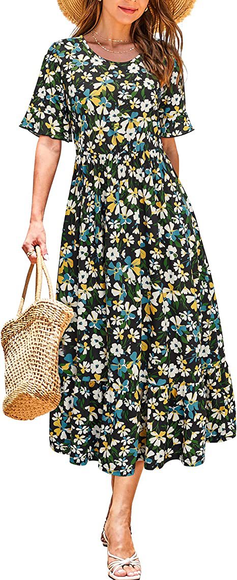 Damen Midikleid mit floralem Design und Volantabschluss Drune