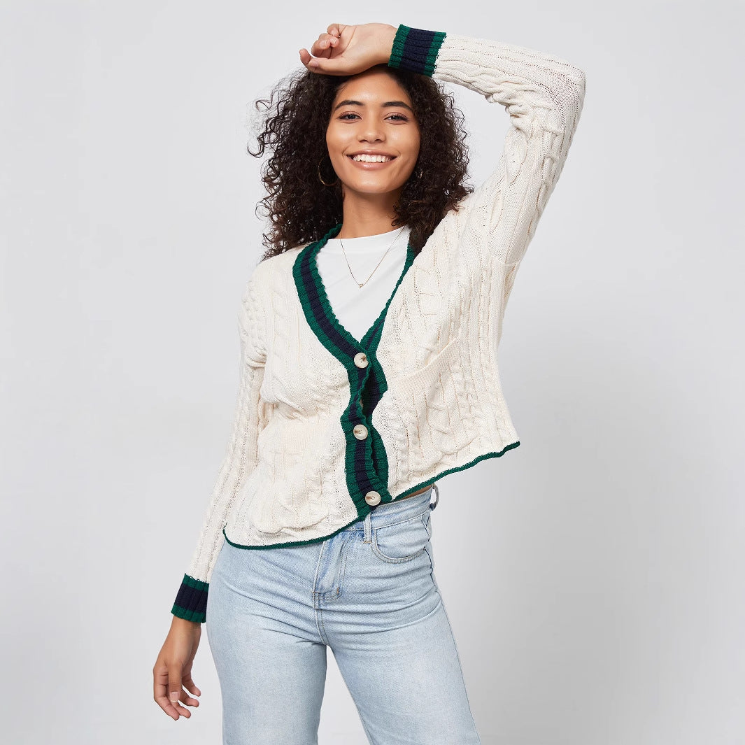 Damen Grobstrickcardigan mit dekorativer Knopfleiste und farblich abgestimmtem Saum Drune