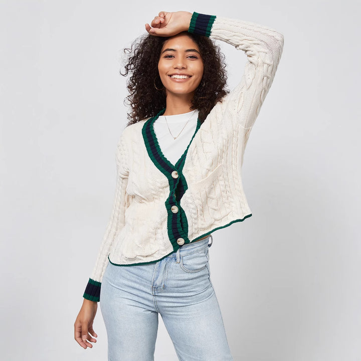 Damen Grobstrickcardigan mit dekorativer Knopfleiste und farblich abgestimmtem Saum Drune