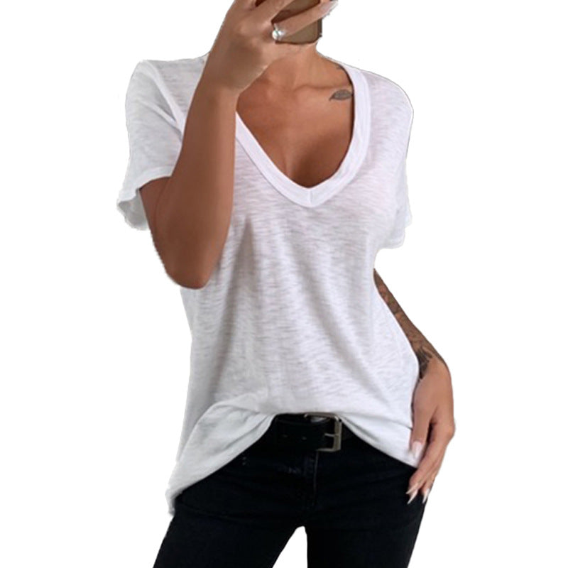 Damen Lässiges T-Shirt mit tiefem V-Ausschnitt und lockerer Passform Drune