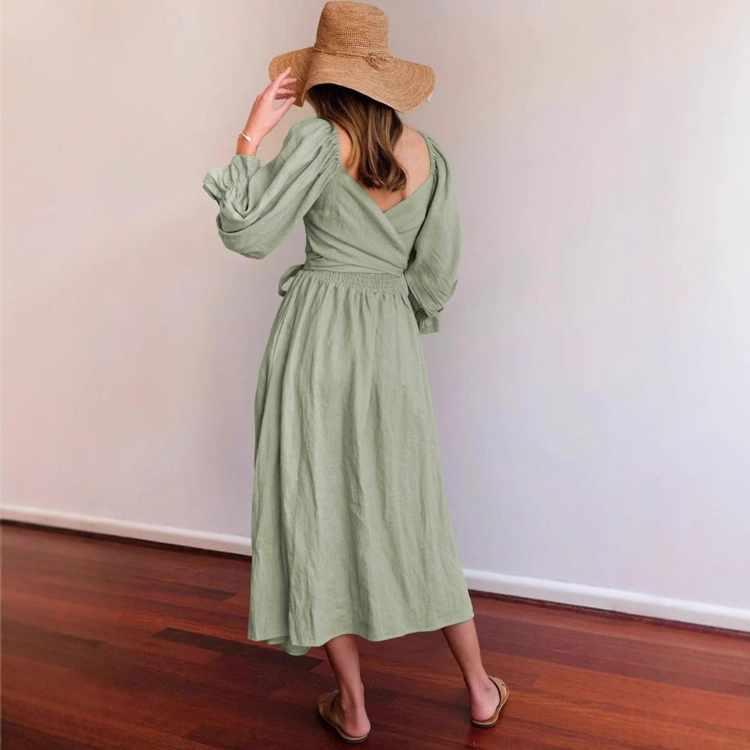 Damen elegantes, tailliertes Maxikleid mit Puffärmeln und Bindegürtel Drune