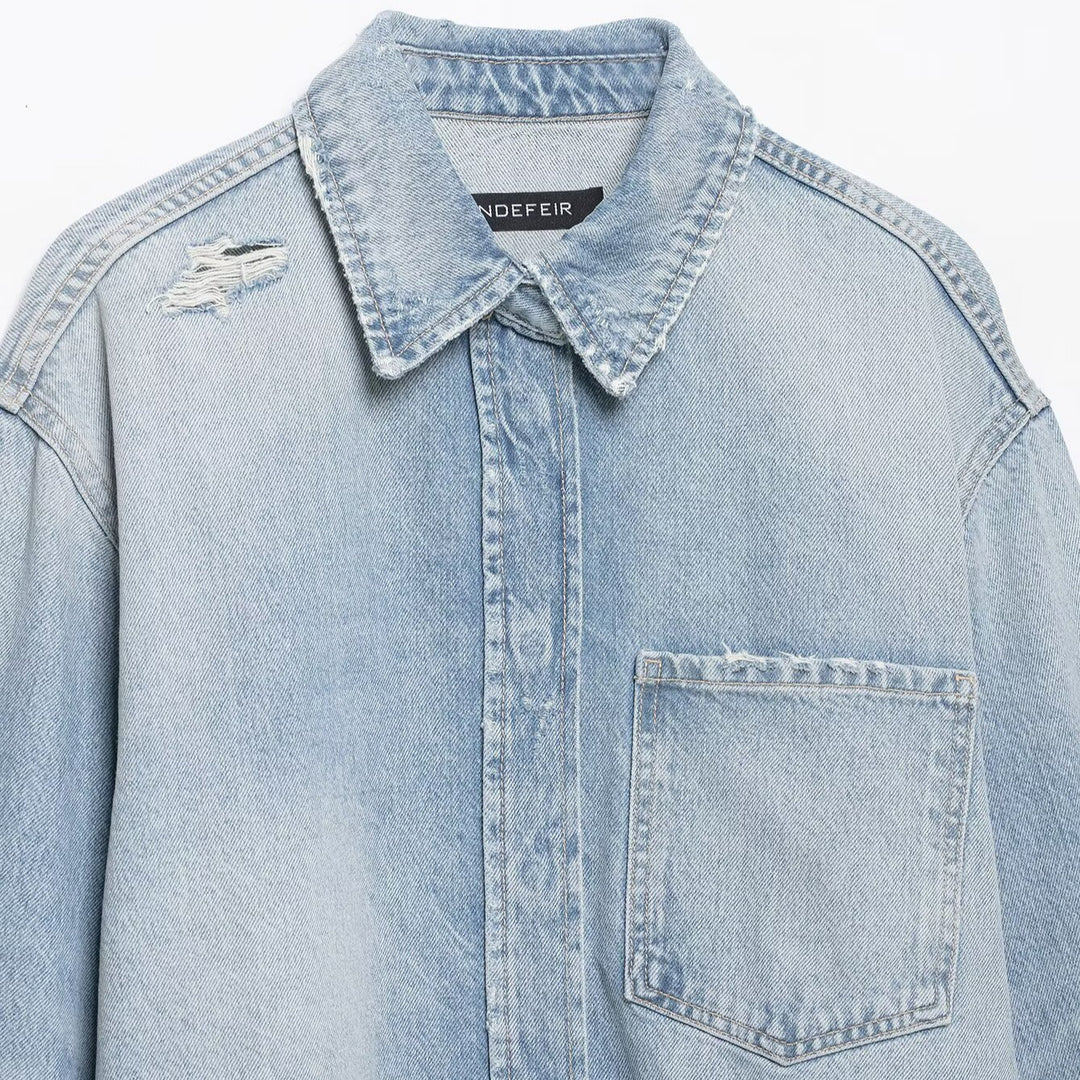 Damen Cropped Jeansjacke im Used‑Look mit ausgefranstem Saum und Oversize‑Ärmeln Drune