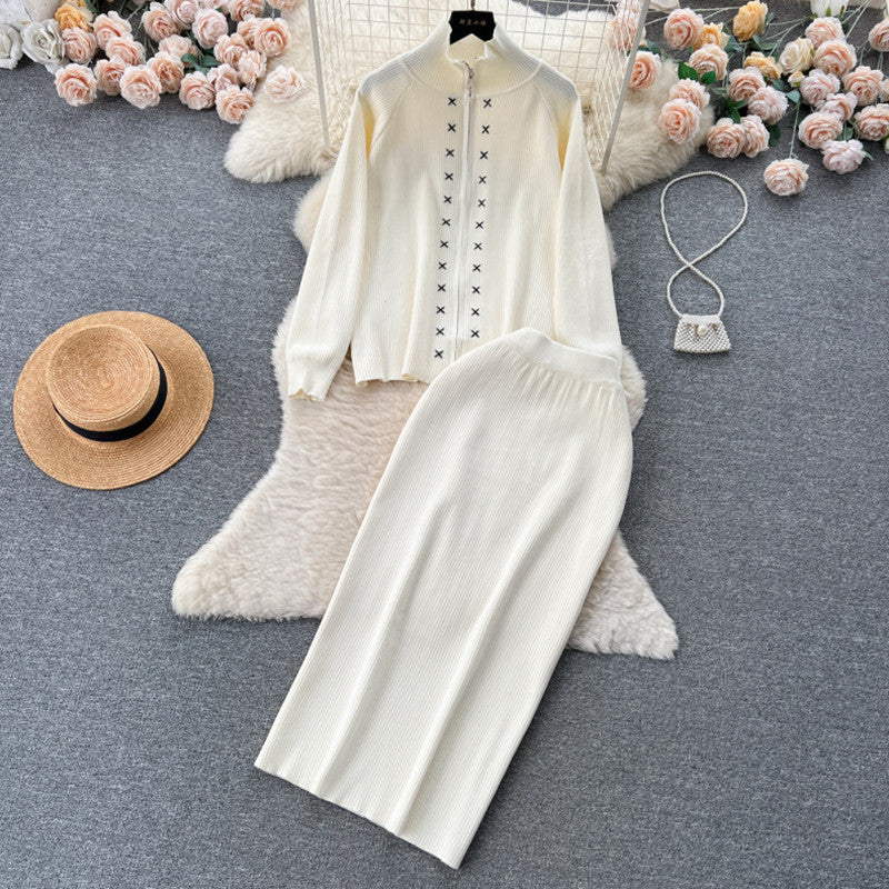Damen eleganter Strickanzug mit Reißverschluss Drune