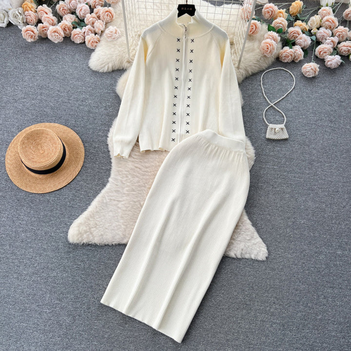 Damen eleganter Strickanzug mit Reißverschluss Drune