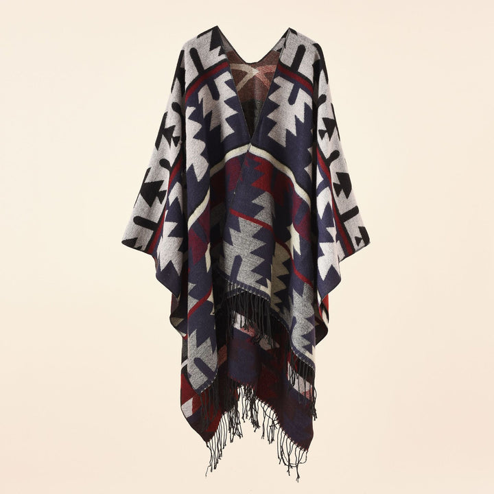 Damen Oversize-Ruana mit V‑Ausschnitt, grobem Jacquardmuster und langen Fransen Drune