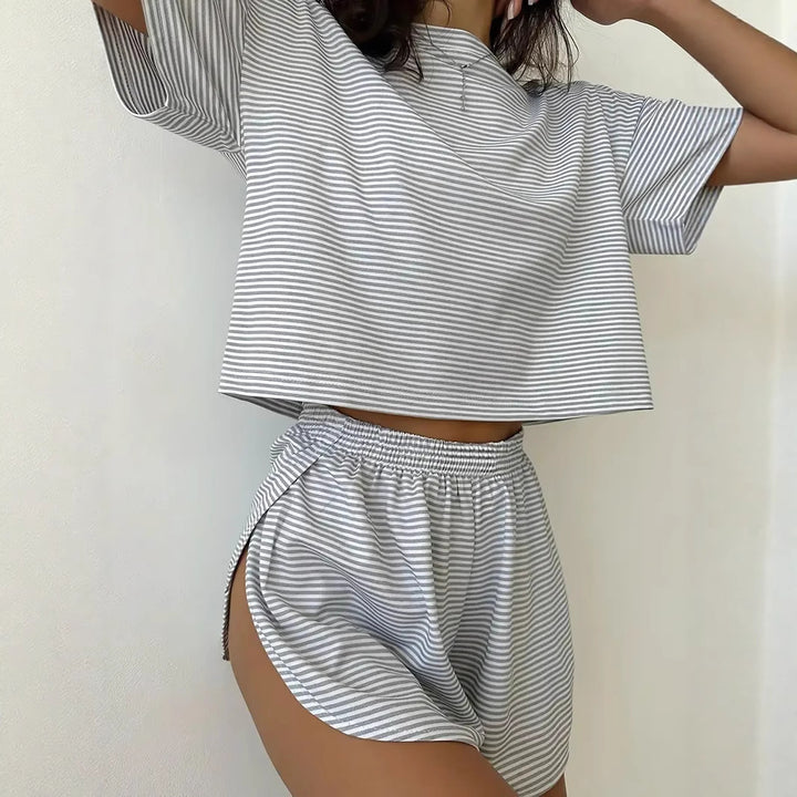 Damen Lässiges Streifen-Set mit weitem T-Shirt und Shorts Drune