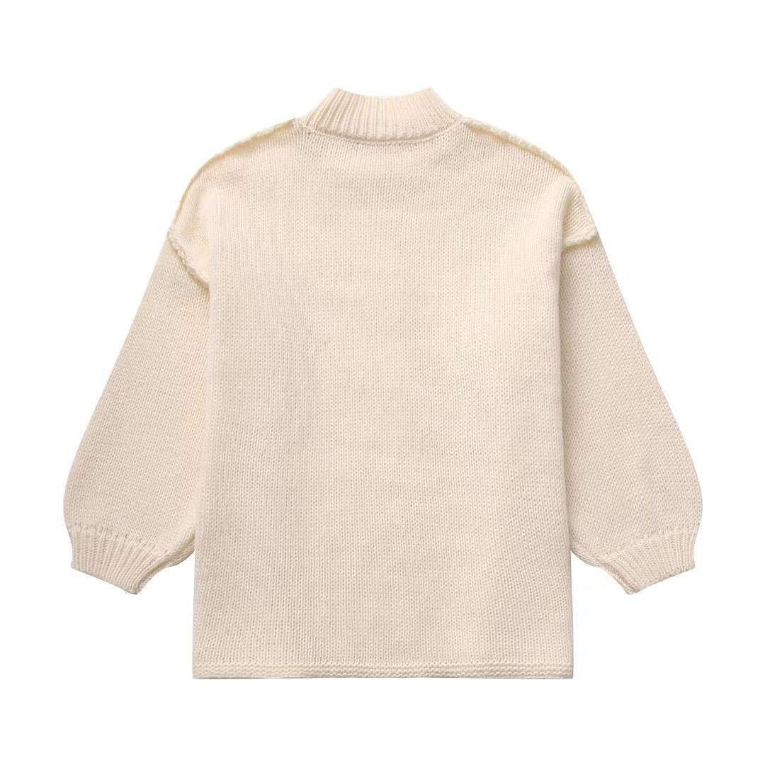 Damen Grobstrick-Pullover mit Stehkragen, überschnittenen Schultern und Ballonärmeln Drune