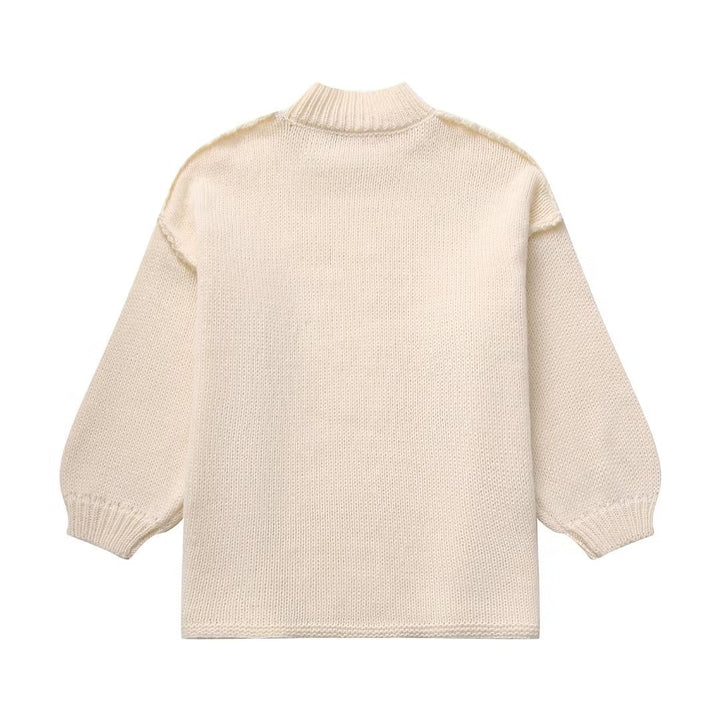 Damen Grobstrick-Pullover mit Stehkragen, überschnittenen Schultern und Ballonärmeln Drune