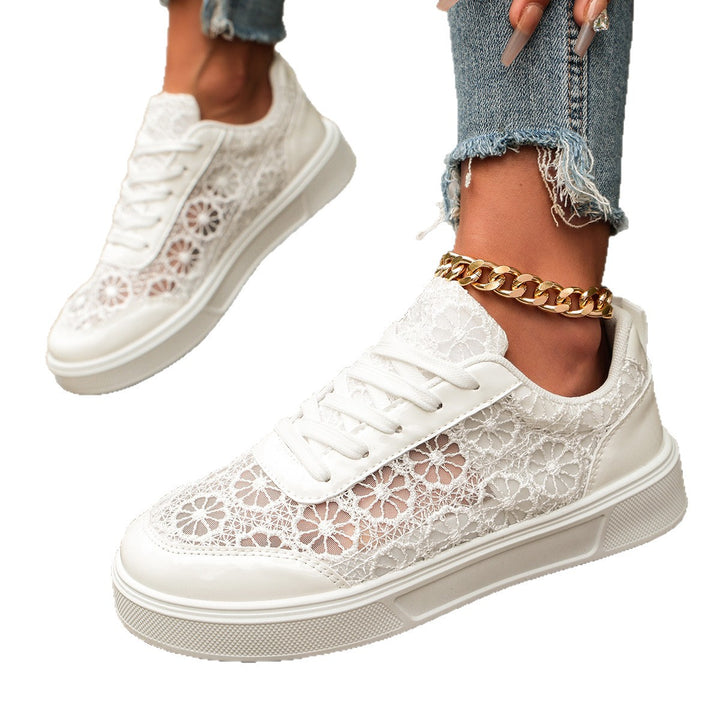 Damen zarte Spitzen-Plateau-Sneaker mit floralem Häkelmuster Drune