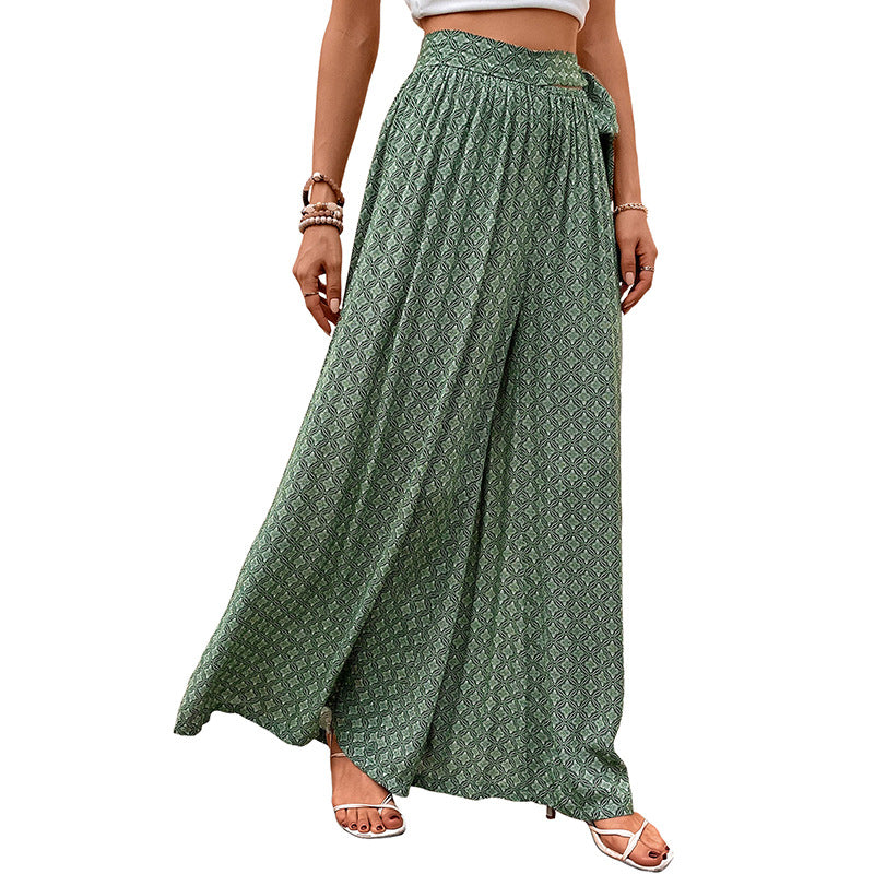 Damen Weite Palazzo-Hose mit seitlichem Bindegürtel und elegantem Print Drune