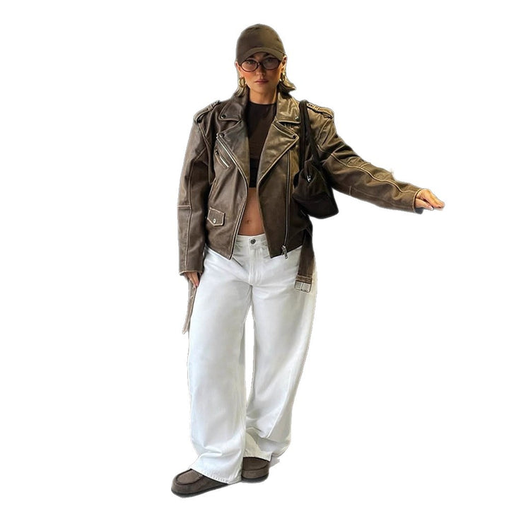 Damen Veloursleder‑Optik Bikerjacke mit Schulterklappen und asymmetrischem Reißverschluss Drune