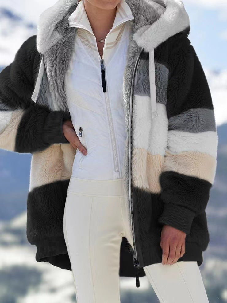 Damen nan oversized gefütterte Kunstfelljacke mit Kapuze, Blockstreifen und gerippten Bündchen Drune