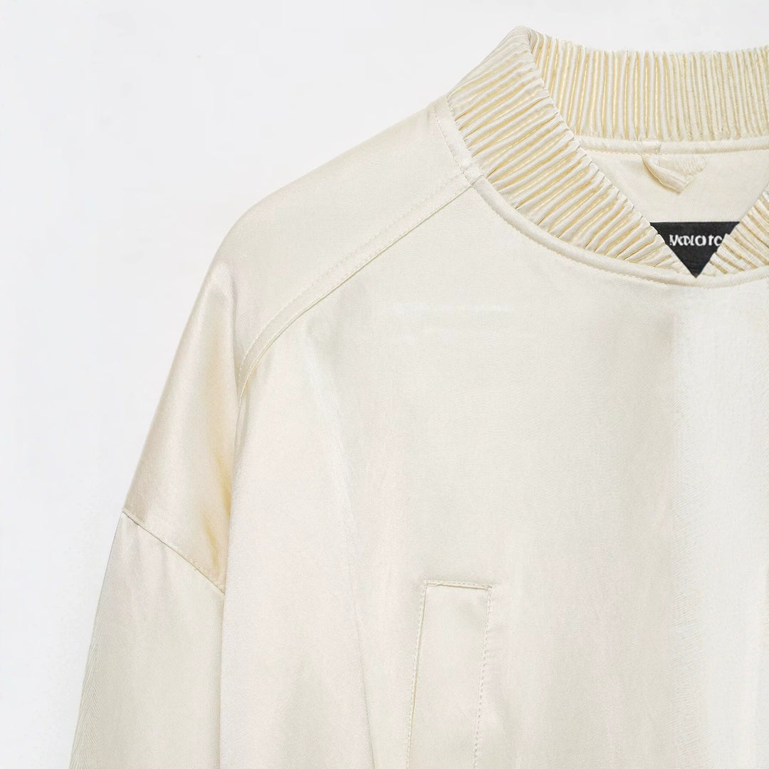 Damen Kurzer Satin-Bomber mit Oversize-Ballonärmeln und Rippkragen Drune