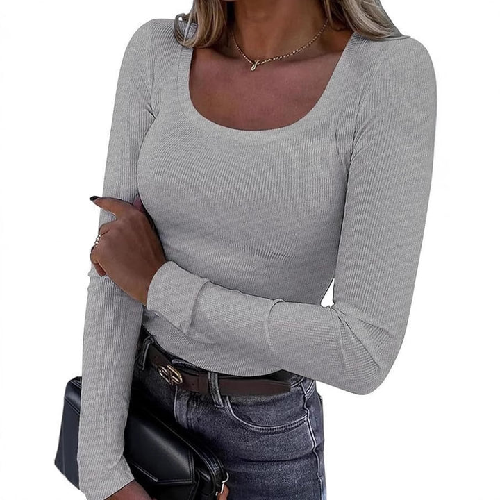 Damen Figurnahes geripptes Longsleeve mit weitem Quadratausschnitt und Stretch-Material Drune