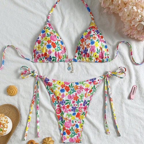 Damen Triangel-Bikini mit buntem Blumendesign Drune
